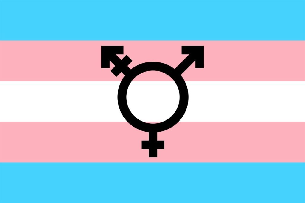 Transgender pride vlag met blauw, roze en wit en het transgender-symbool