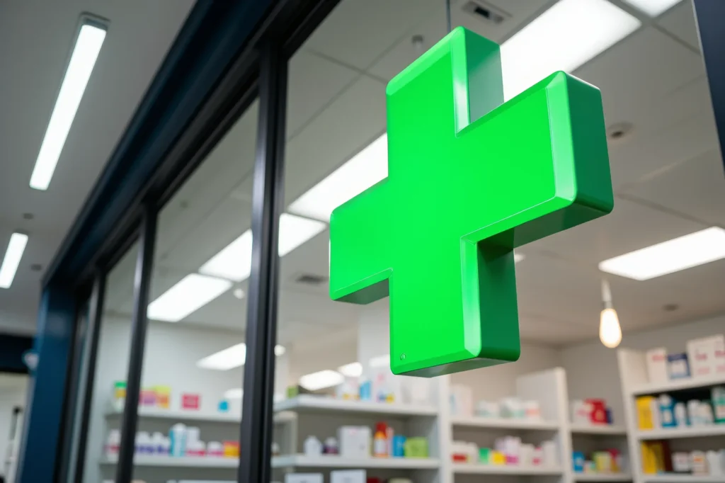 Modern apotheek-interieur met een groen kruis