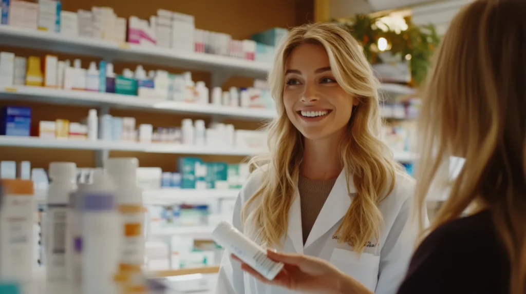 Apotheker in een apotheek die een klant adviseert over medicijnen