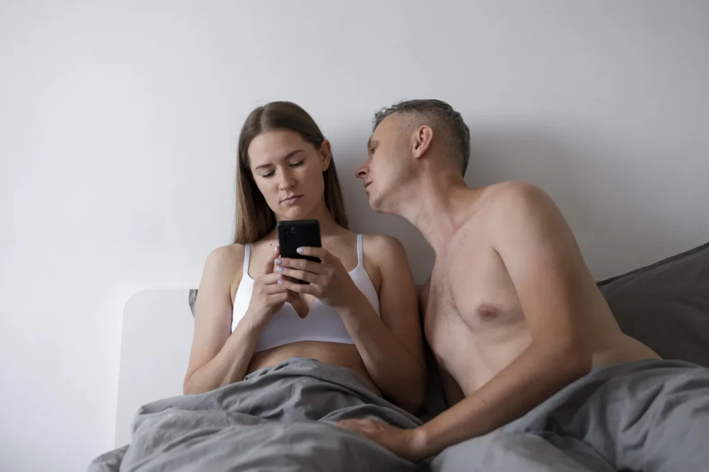 Koppel in bed dat afstand ervaart door erectieproblemen